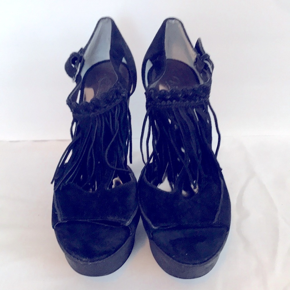 Carlos Black suede wedge platform with tassel/fringe